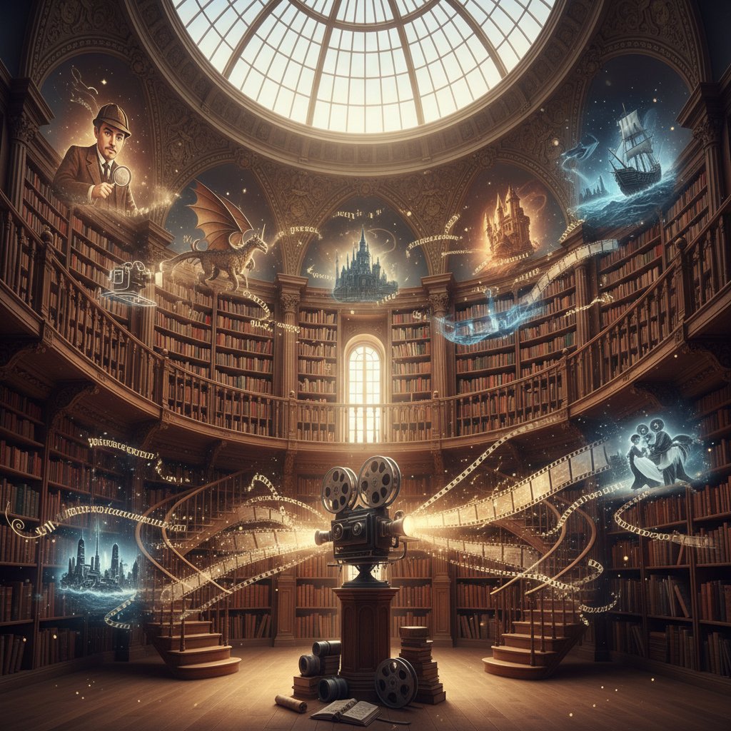A vintage library with magical details, symbolizing the transition from literature to film in magical realism