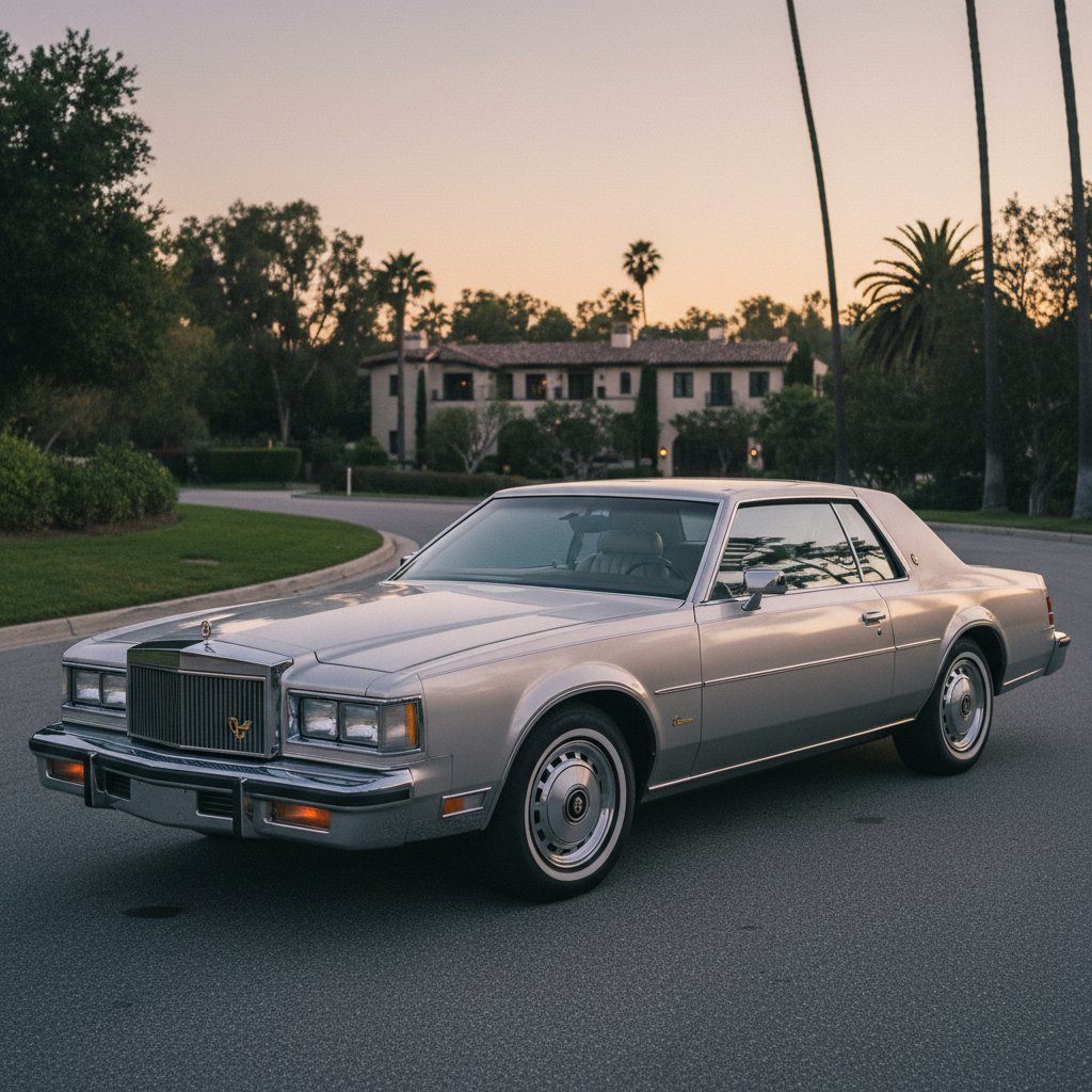 Vintage luxury car advertisement showcasing exaggerated platinum edition features, 1980s aesthetic, moody lighting, high-contrast. Alt text: Vintage car ad showcasing early platinum edition marketing.