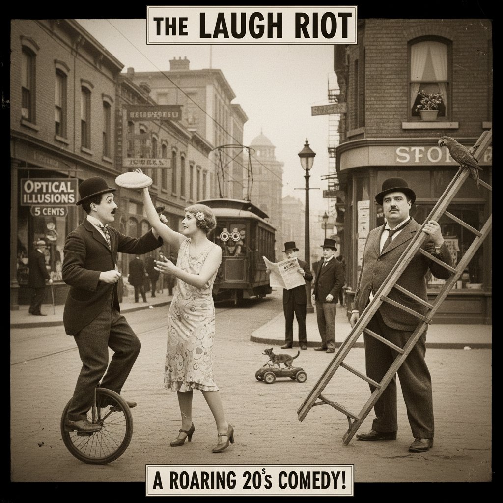 Vintage movie still showing layered comedy elements, actors performing subtle background gags