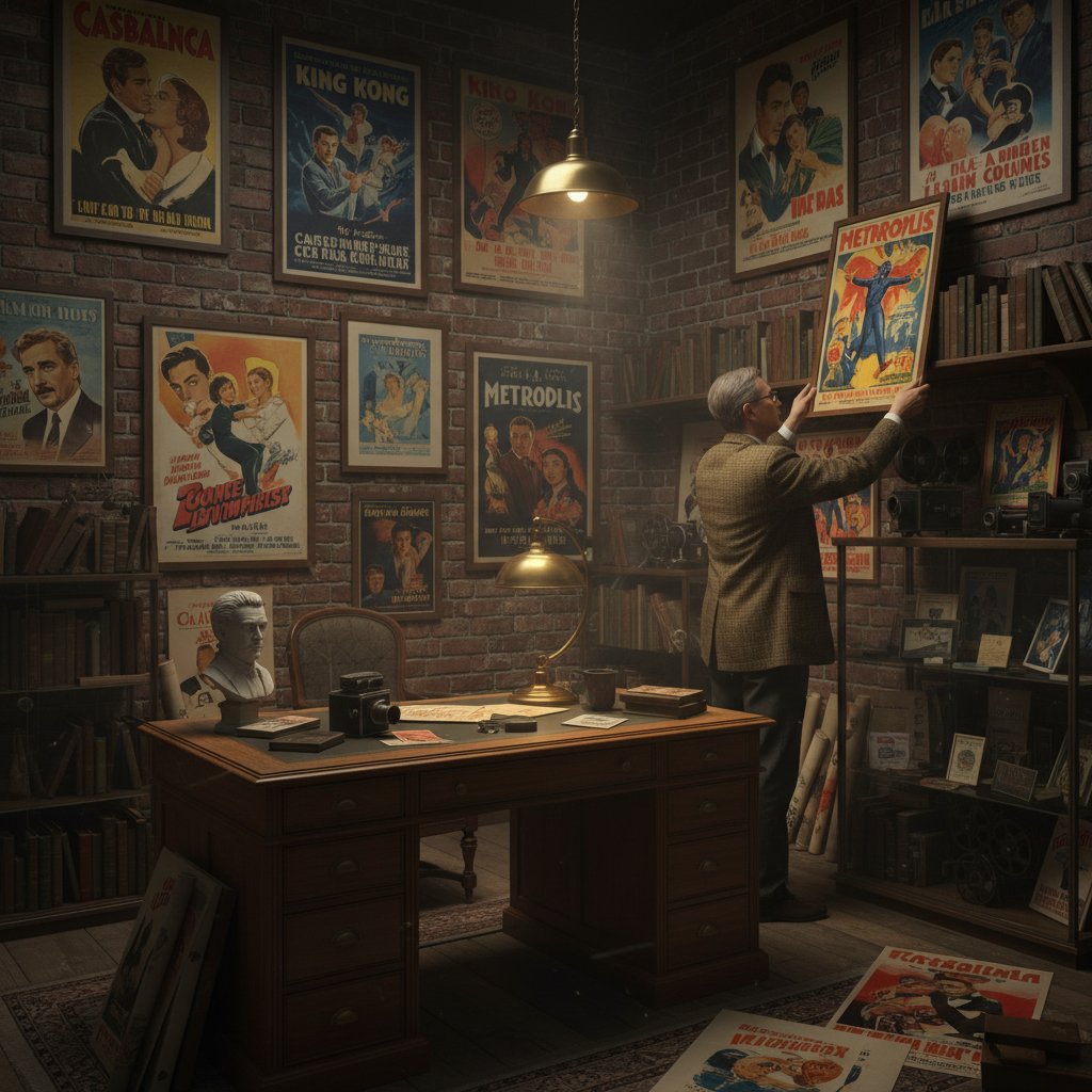 Vintage movie posters and memorabilia, gritty documentary style, collector arranging items in a dimly lit room, mood reflective, anniversary edition movies nostalgia