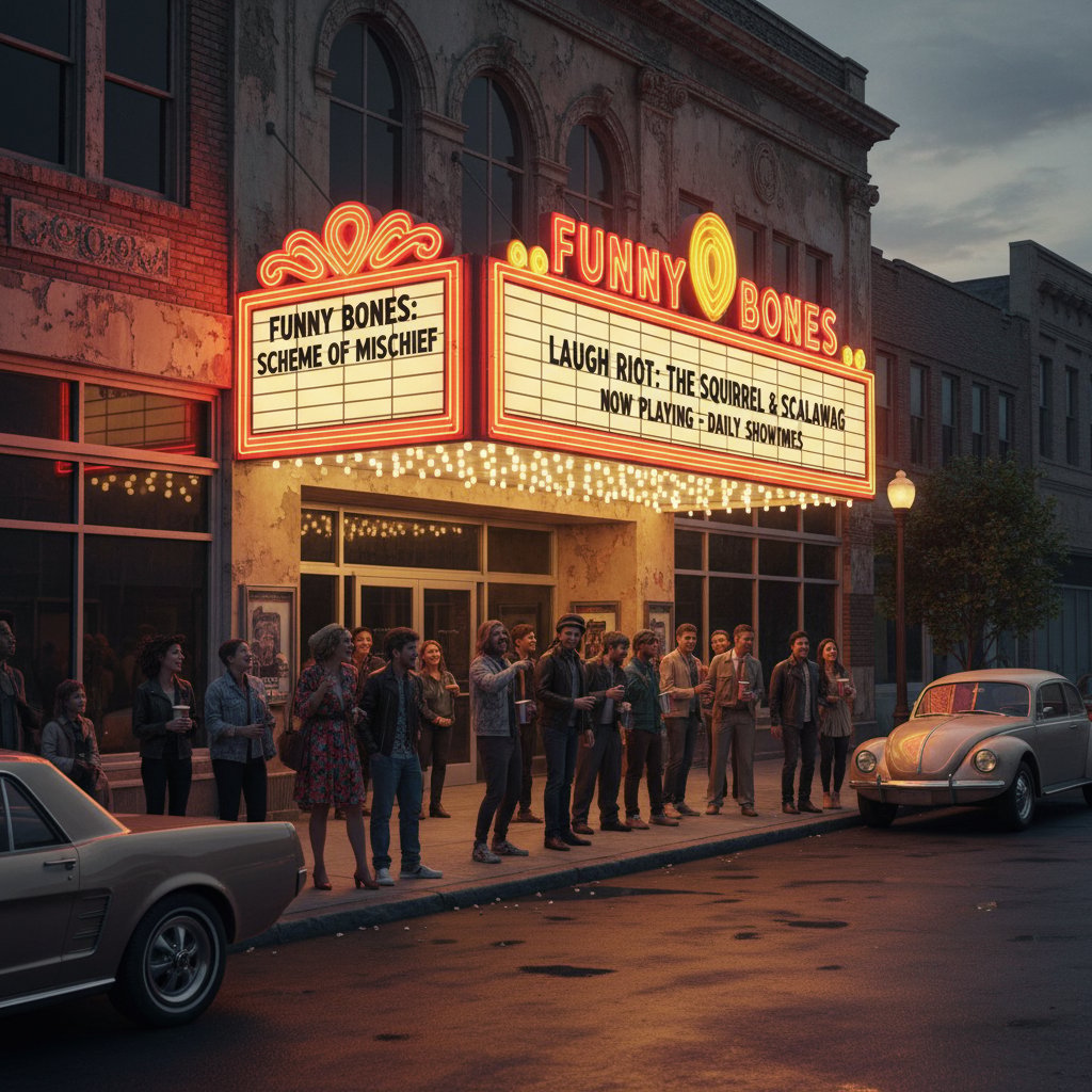 A photo of a vintage movie theater marquee with quirky comedy titles, people lining up in casual clothes