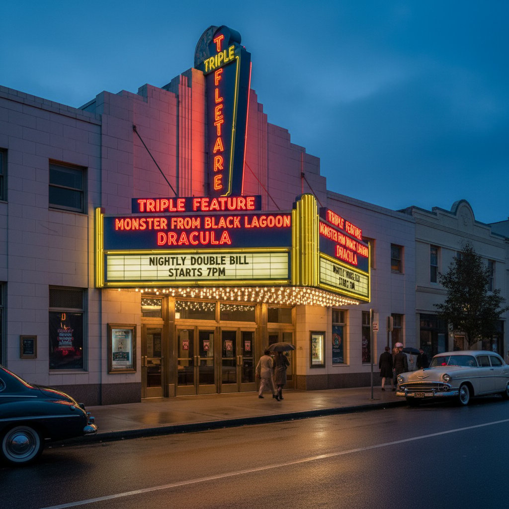 Vintage movie theater showing triple feature night with retro marquee and neon lights