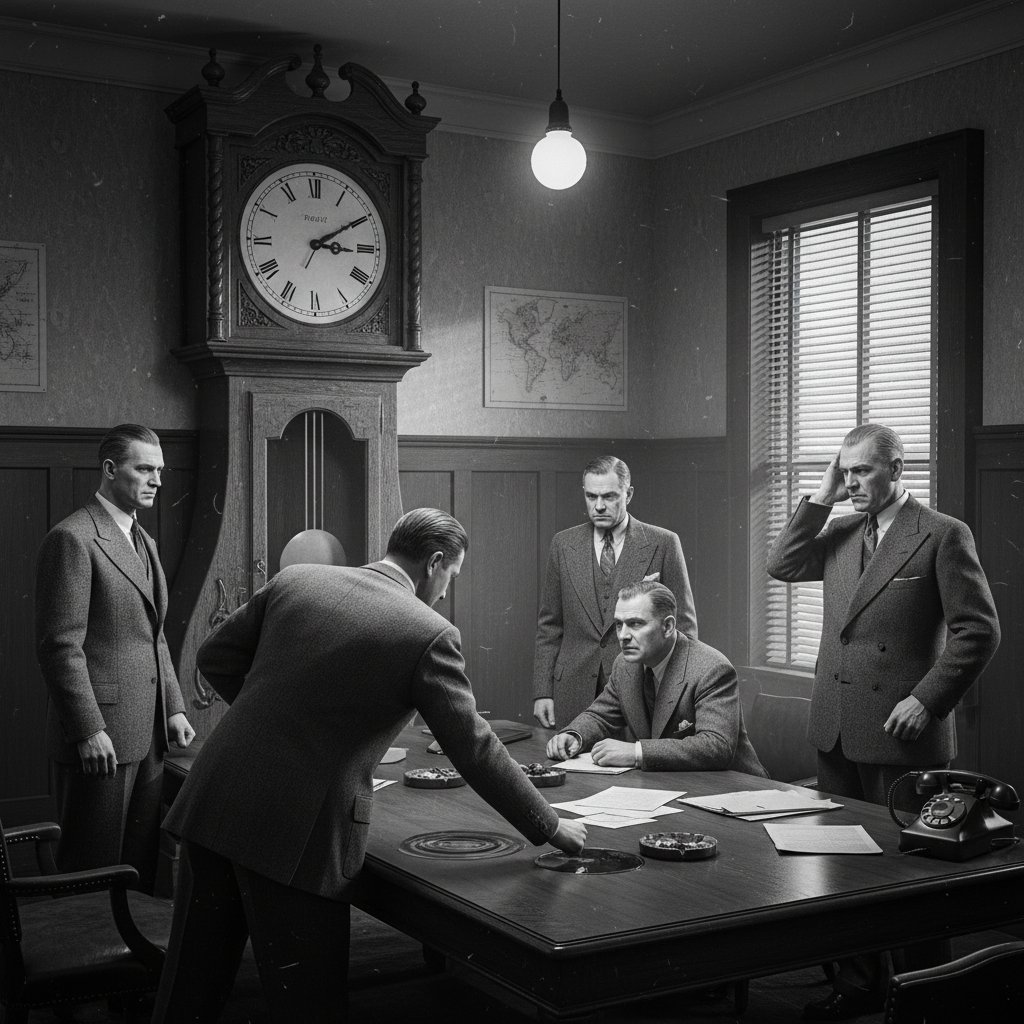 A vintage office with workers in a tense meeting under a giant clock, illustrating the roots of meeting overload and time pressure