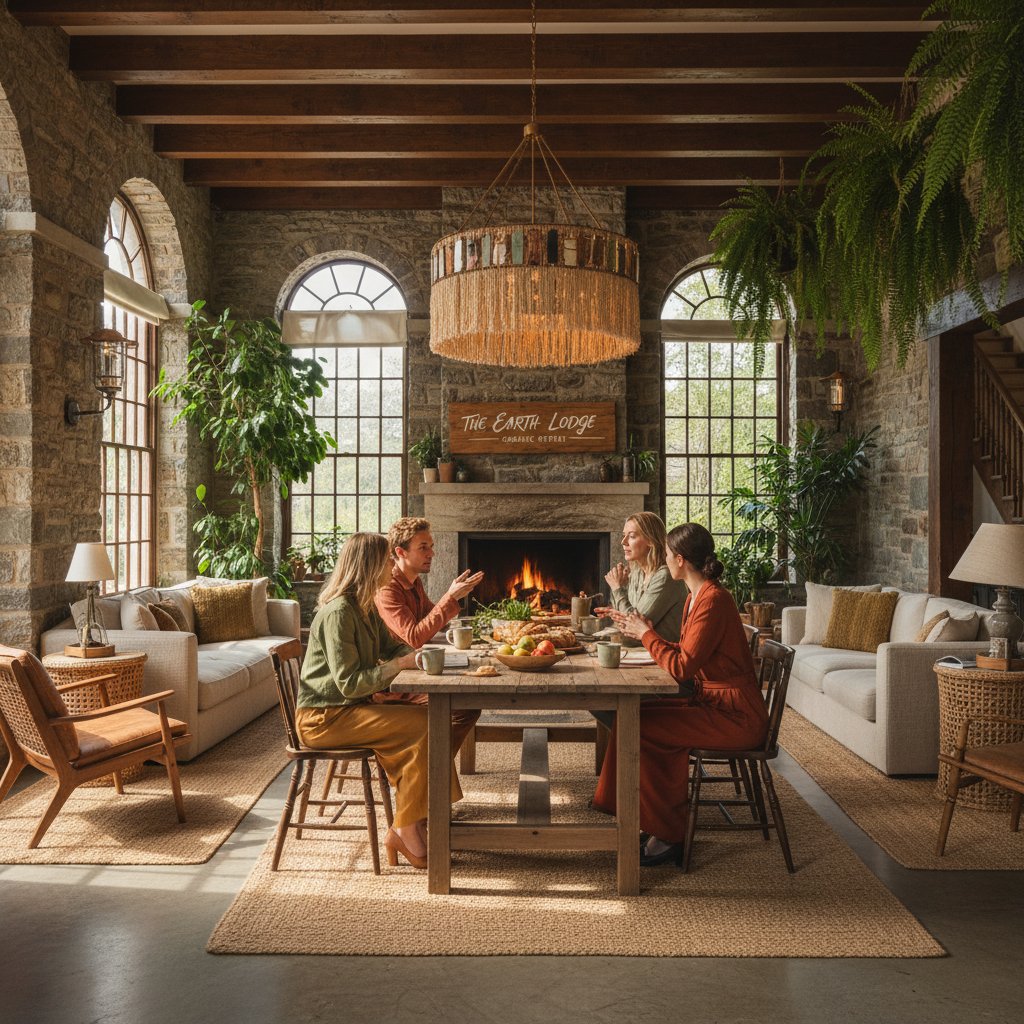 Vintage organic hotel founders meeting in sunlit rustic lobby, earthy tones, authentic details, keyword organic hotels
