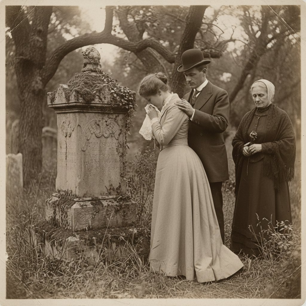 Person holding vintage photo, tearing up at ancestor’s grave, capturing the emotion of family history flights