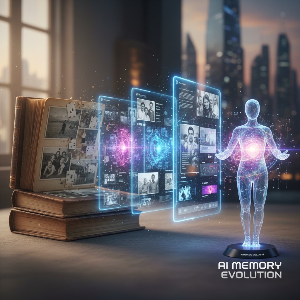Vintage photo albums morphing into digital screens, showing the evolution from traditional to AI-driven remembrance