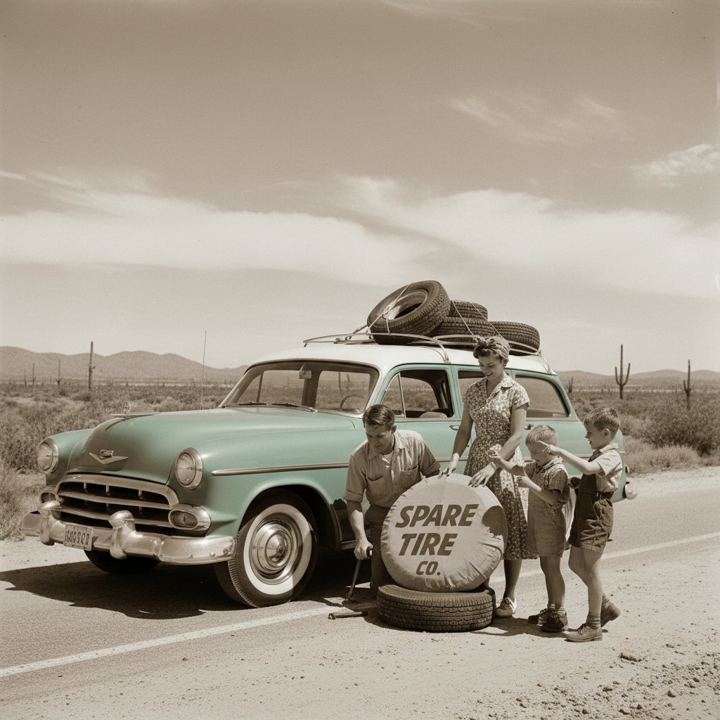 1970s family changing a tire on roadside, representing the spare tire as a cultural icon