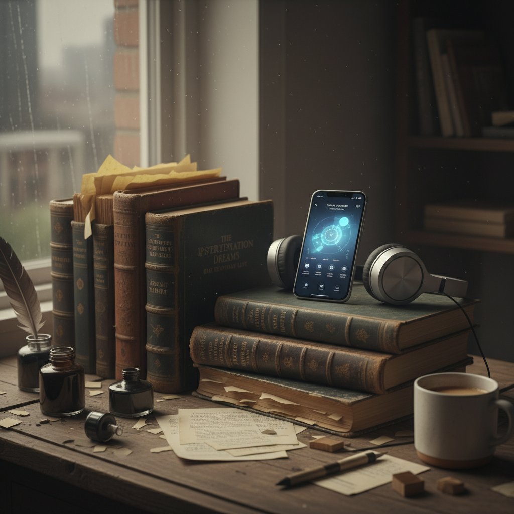 Stare podręczniki terapii i nowoczesny smartfon na biurku, symbol spotkania tradycji i technologii w terapii linii czasu