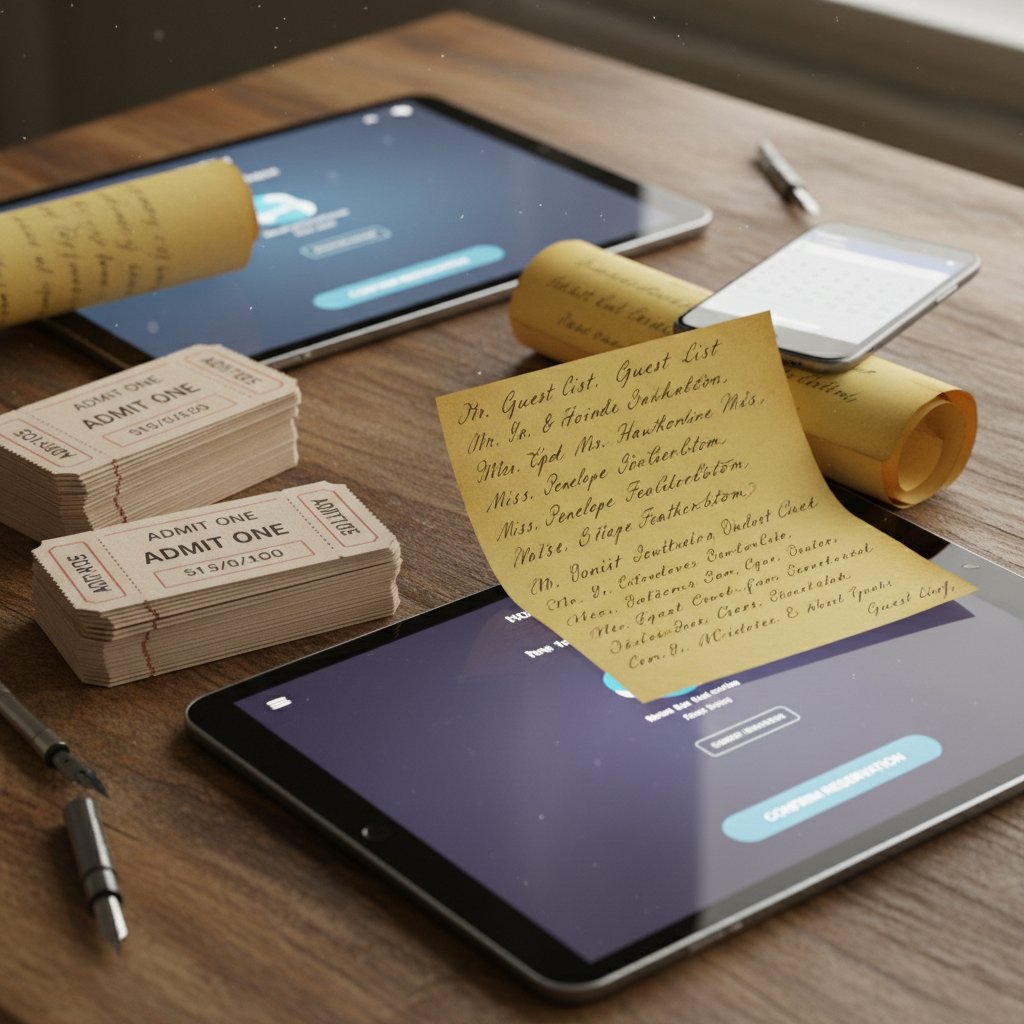 Vintage ticket stubs and handwritten guest lists transforming into glowing digital devices in a layered office and event space, nostalgic yet forward-looking event booking platform evolution