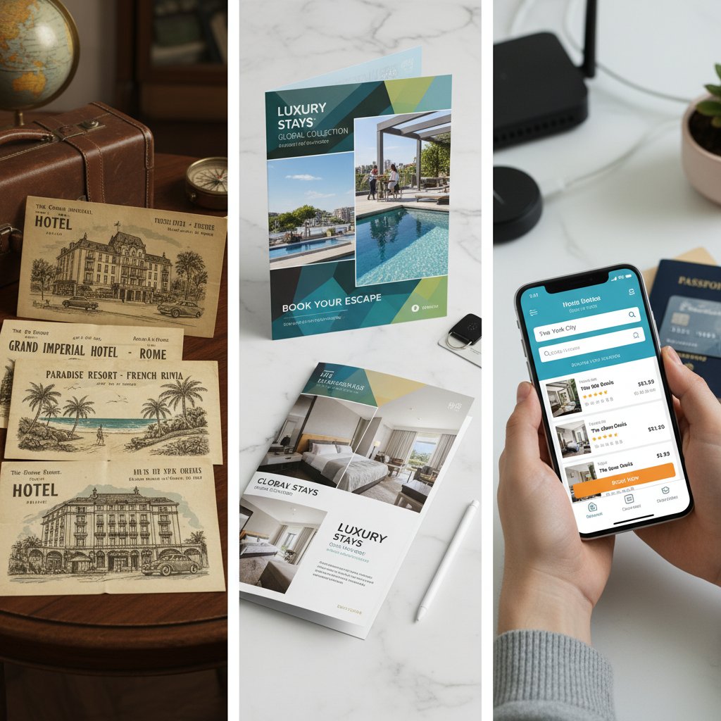 Collage of old travel brochures, guidebooks, and a modern smartphone displaying hotel apps, showing the timeline of how hotel choices evolved