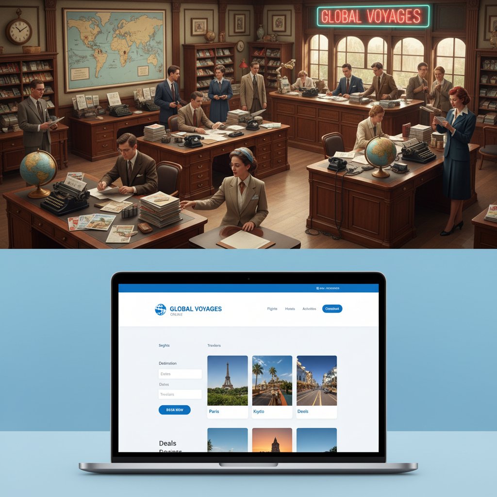 Old-school travel agent and busy web interface contrast