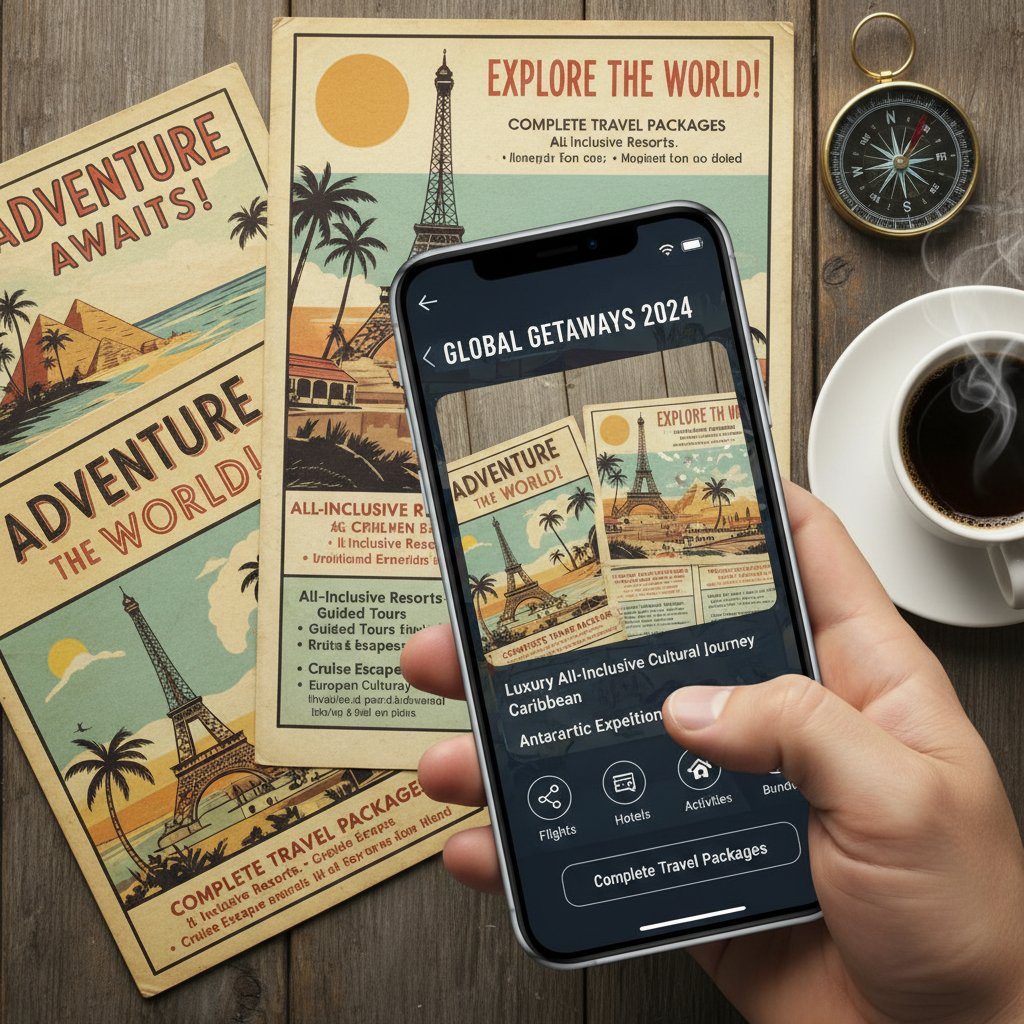 Vintage travel brochures beside a modern smartphone, representing the evolution of complete travel packages