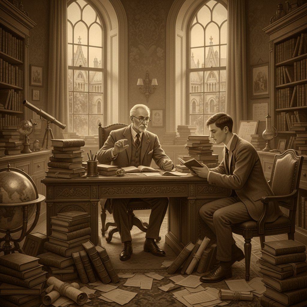Vintage university office with mentor and student, stacks of academic papers, sepia tones. Keywords: academic mentorship, traditional model.