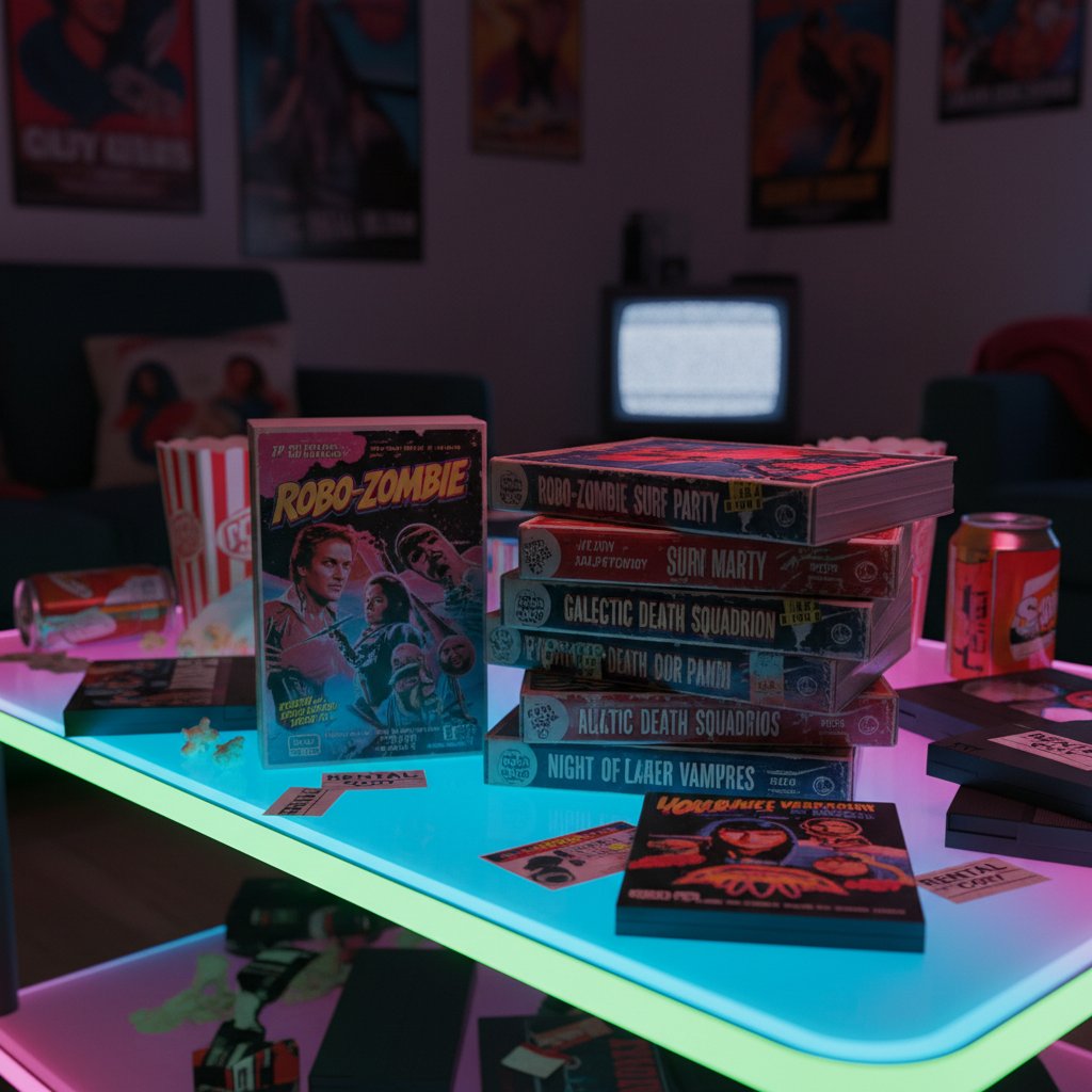 Close-up photo of vintage VHS tapes labeled with cult movie titles scattered on a neon-lit table, playful and nostalgic