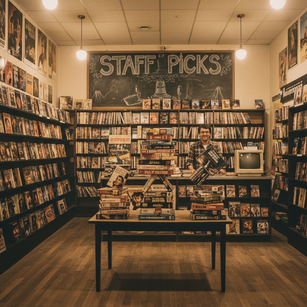 Vintage video store with featured movie picks on the wall, representing human curation over algorithmic selection