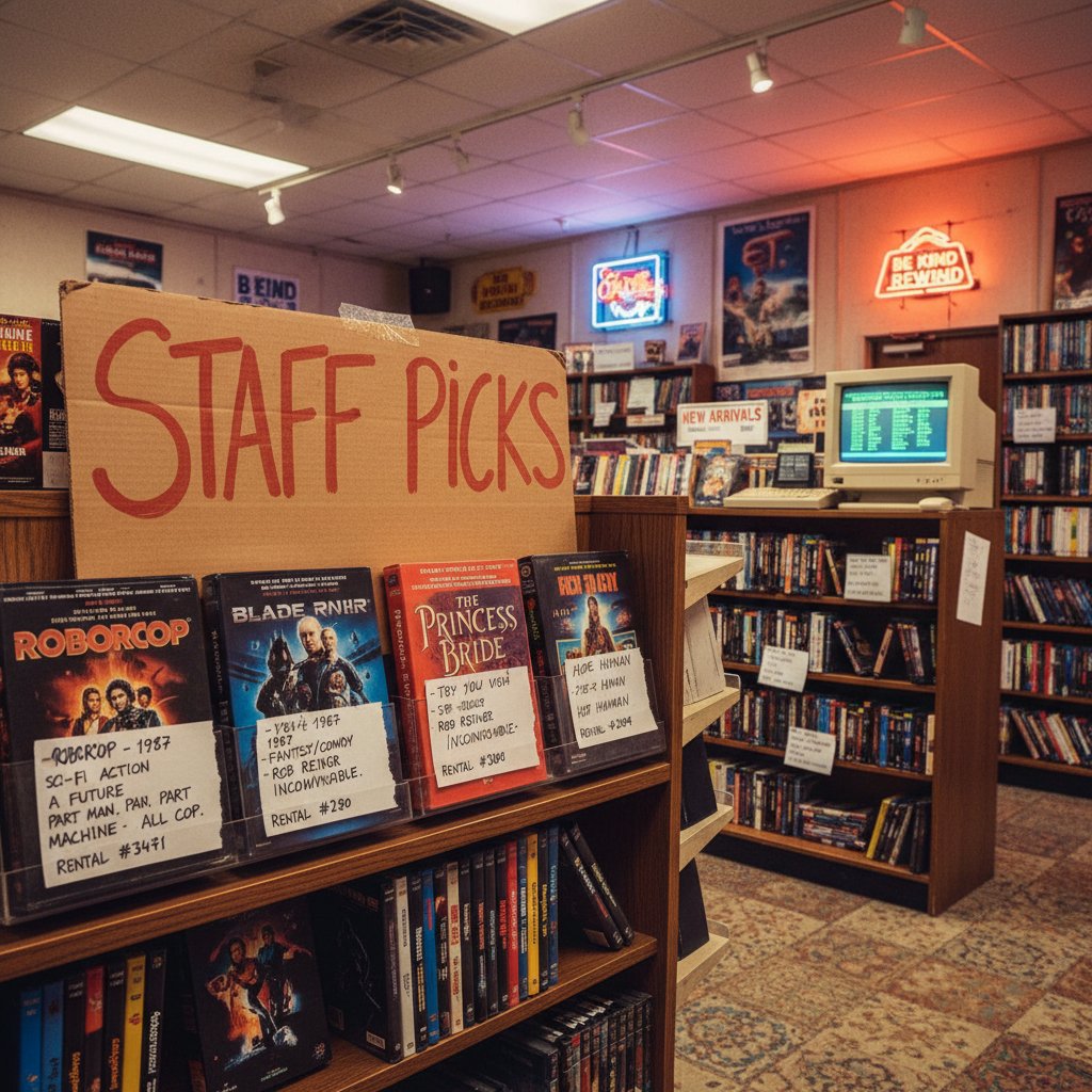 Photo of a vintage video store with handwritten staff picks, analog movie discovery, nostalgic movie data keywords