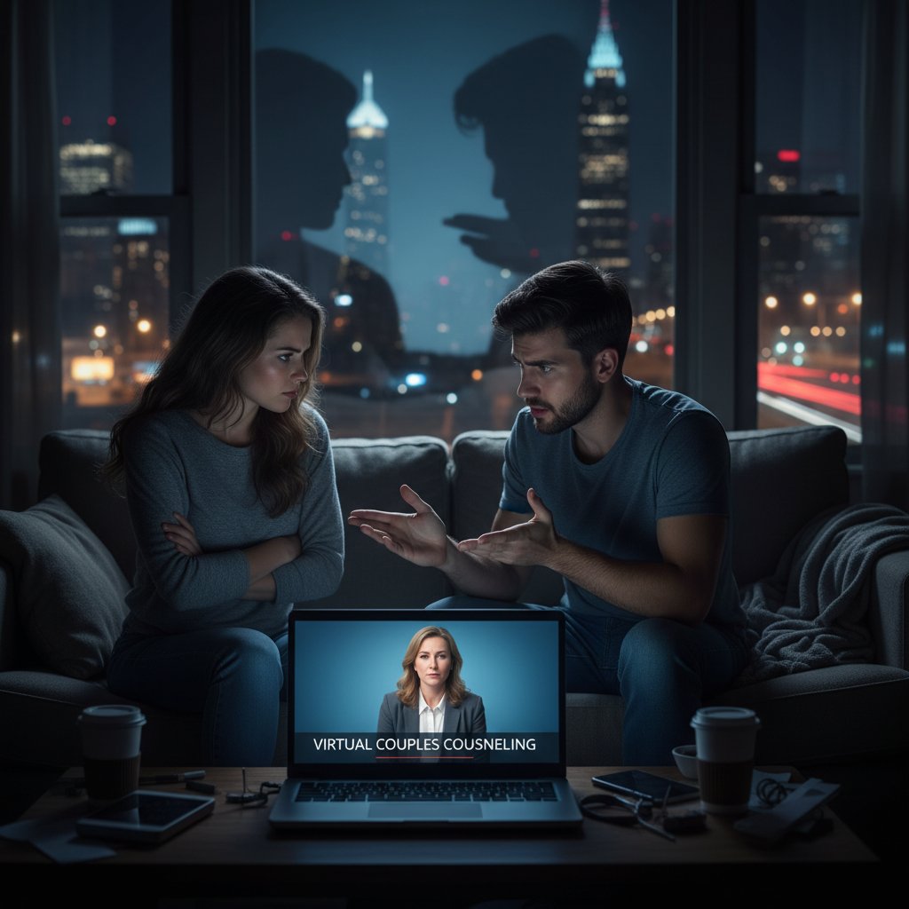 Edgy photo of couple sitting apart in a dark room, blue laptop glow, urban nightscape—virtual couples counselor tension