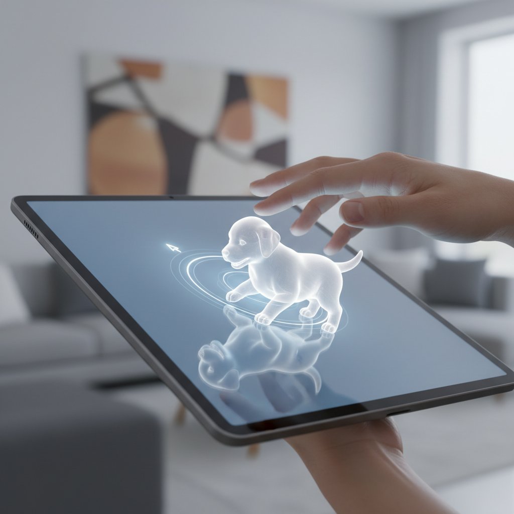 Nahaufnahme eines virtuellen Hundes auf einem Tablet, Benutzerhand berührt den Bildschirm