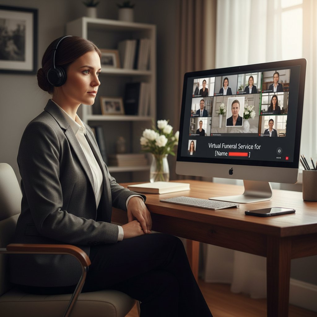 Person preparing their appearance for a virtual funeral, adjusting their tie in front of their laptop with a respectful background