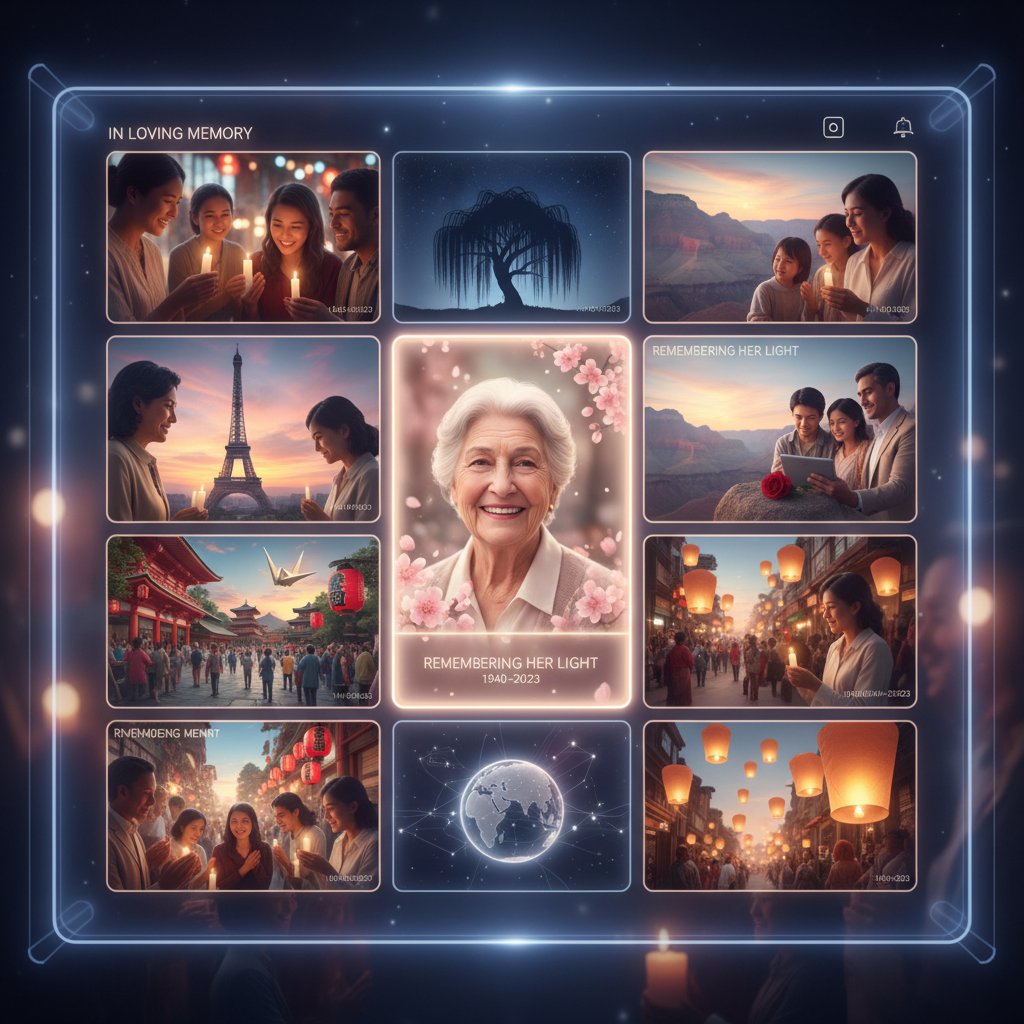 Virtual memorial spanning multiple countries on split screens, bittersweet mood illustrating cross-cultural digital remembrance challenges