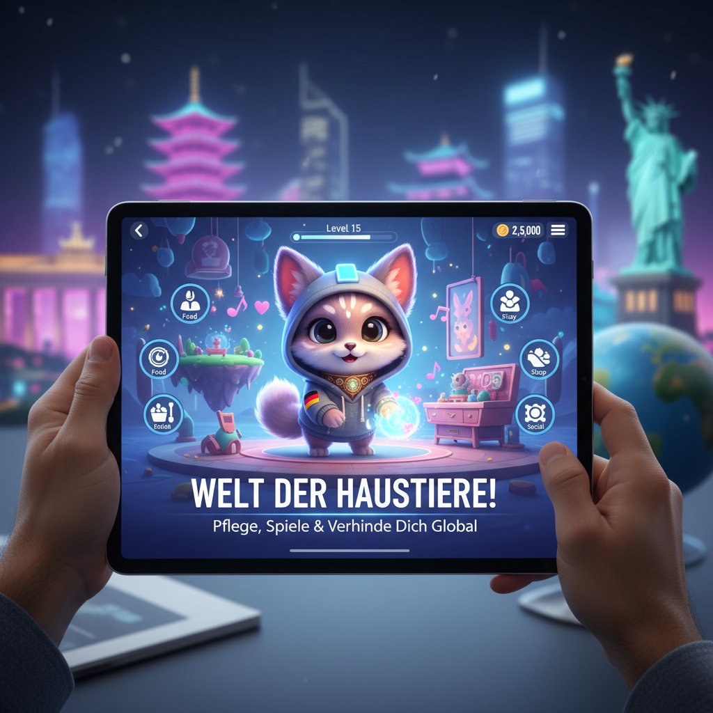 Junge Erwachsene in Berliner WG mit Tablets und virtuellen Haustieren, internationale Vergleiche im Hintergrund, Keywords: virtual-pet-apps--germany--international-comparison