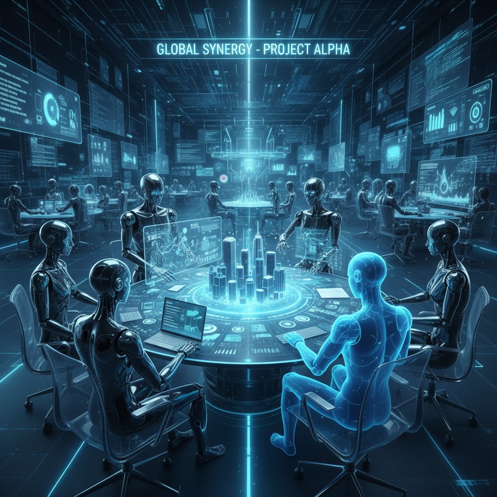 Zespół i wirtualni pracownicy AI podczas współpracy nad projektem