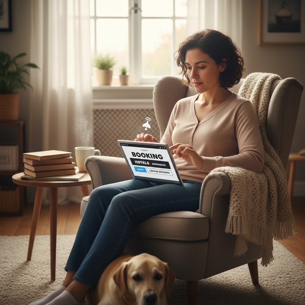 Visually impaired user navigating hotel booking interface at home, determined, soft light