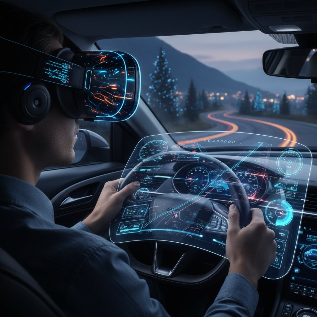 VR headset displaying car dashboard experience with virtual car interior visible through headset