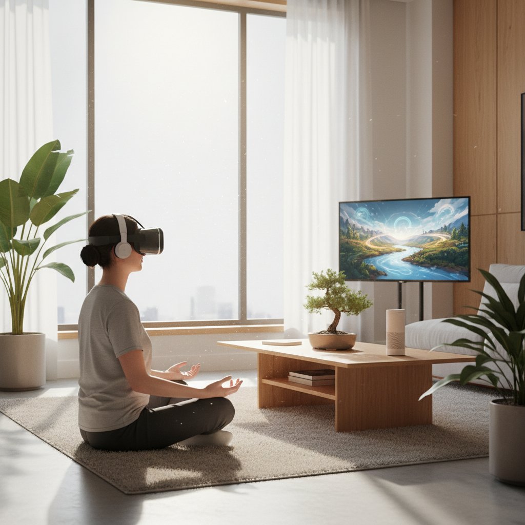 Osoba korzysta z VR do ćwiczeń mindfulness, nowoczesne wnętrze, światło dzienne