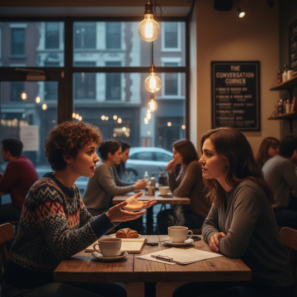 A person sitting at a table, hands open, speaking candidly, warm cafe environment, authentic atmosphere, vulnerability