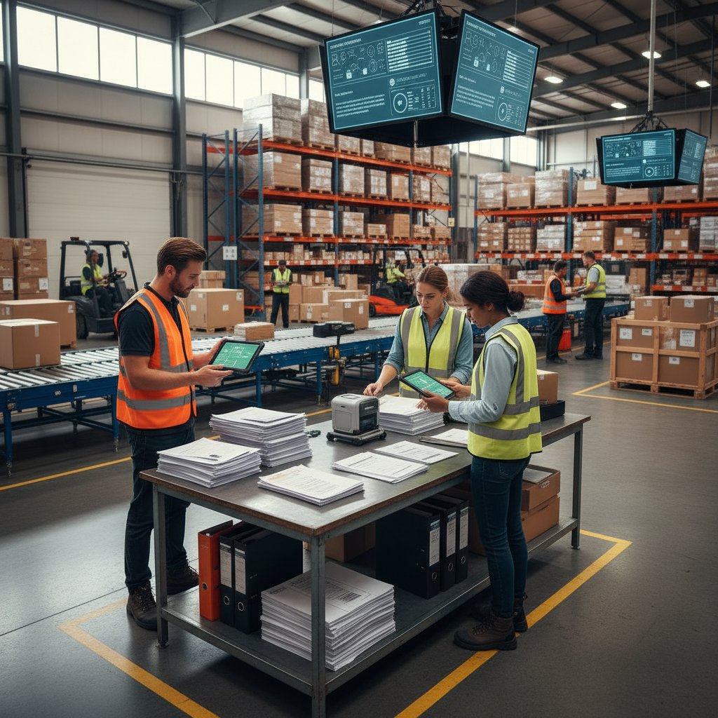 Warehouse staff using tablets to track shipments, demonstrating document digitization methods in logistics