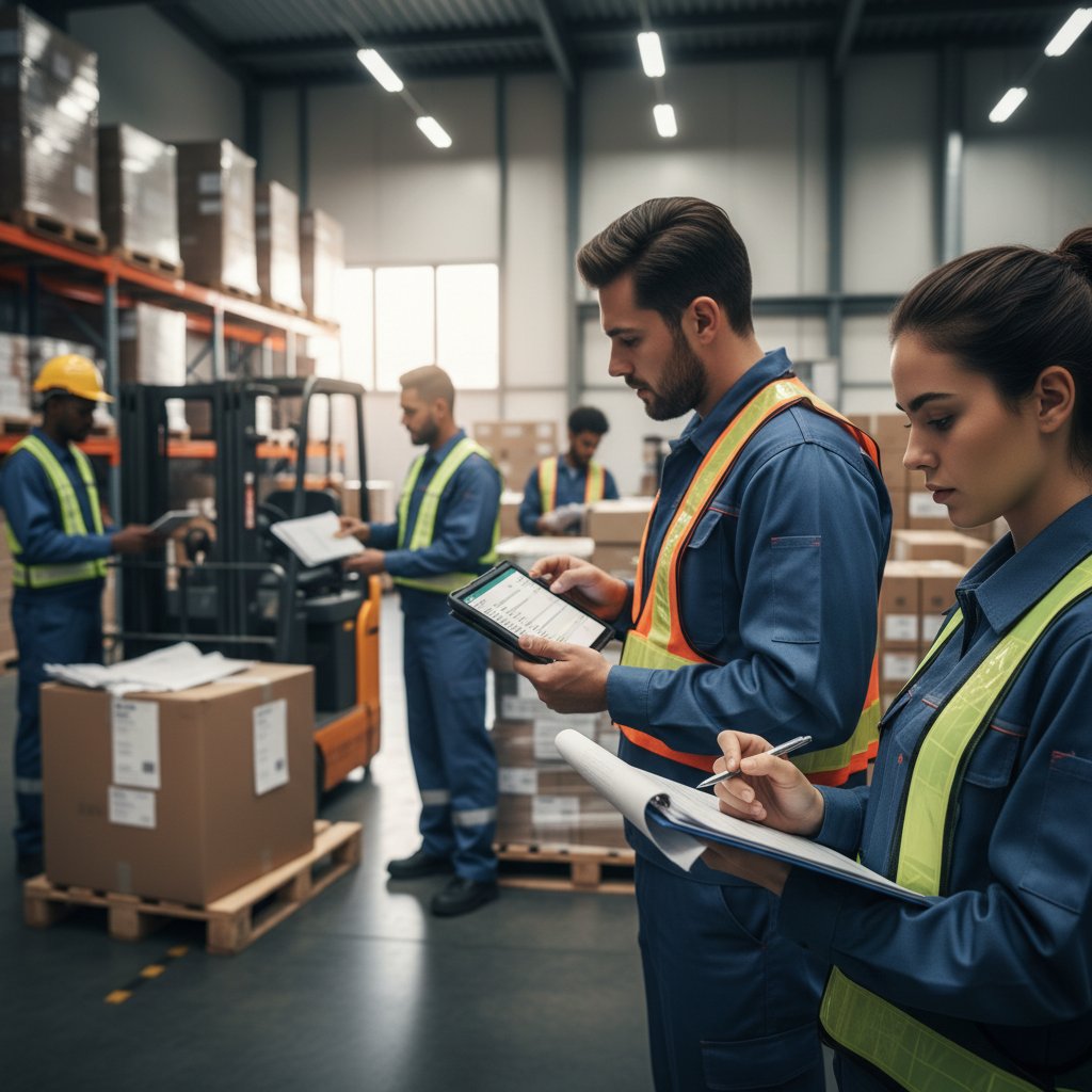 Warehouse staff using tablets amid inventory, balancing paper and digital workflows—document digitization in logistics and manufacturing