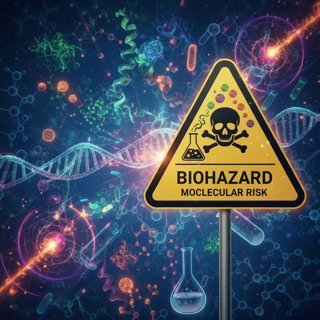 Ostrzeżenie przed pseudonauką w biochemii – symbolika molekularna na tle znaku ostrzegawczego