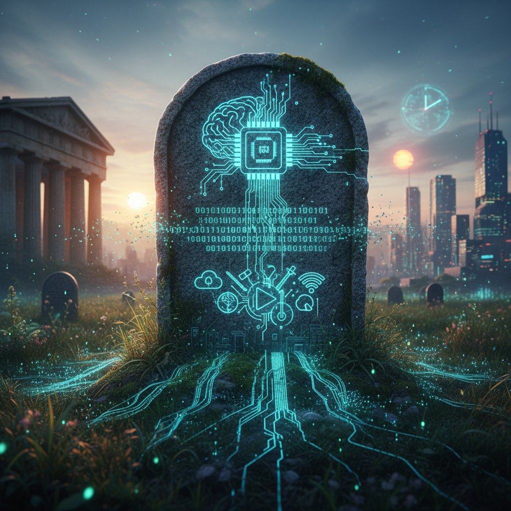 Weathered gravestone dissolving into binary code outdoors, symbolizing the transition to digital memory and cultural change