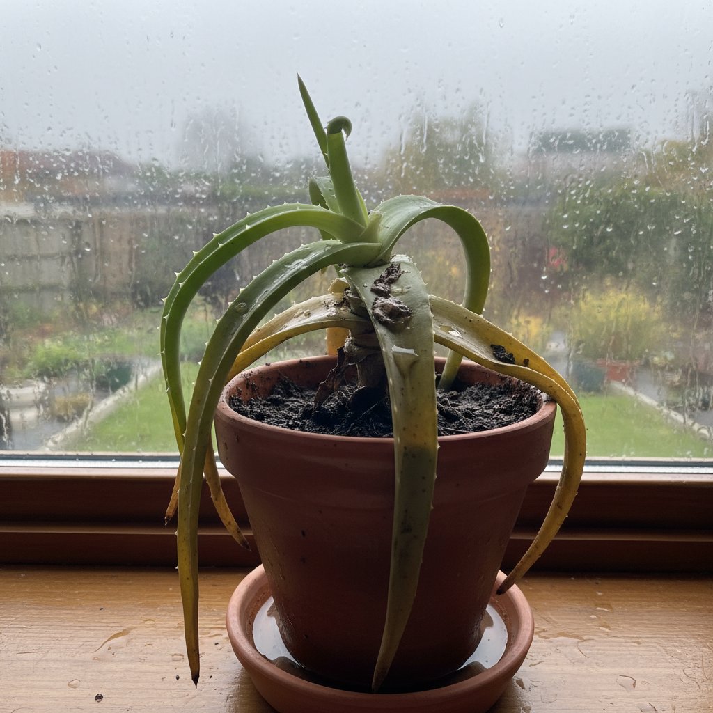 Zwiędły aloes na parapecie, zbyt obfite podlewanie, smutny wyraz rośliny