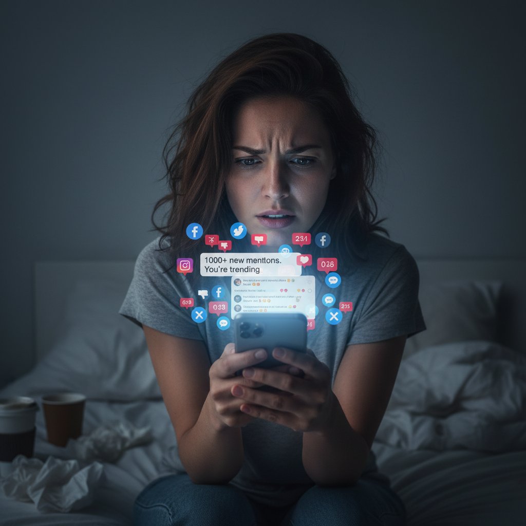 Kobieta sprawdzająca telefon, na ekranie powiadomienia social media, stresująca atmosfera