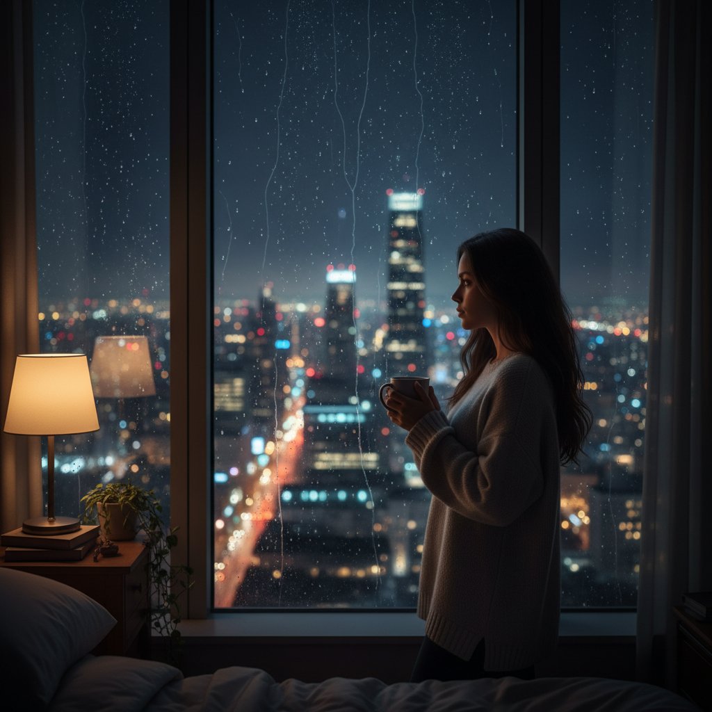 Kobieta siedząca samotnie przy oknie wieczorem, światło miasta w tle, atmosfera melancholii