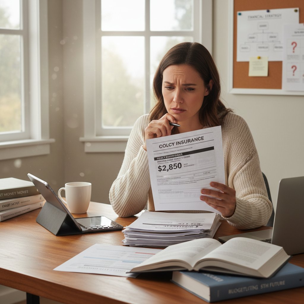 Woman analyzing insurance paperwork, car insurance, cost, skepticism, financial planning