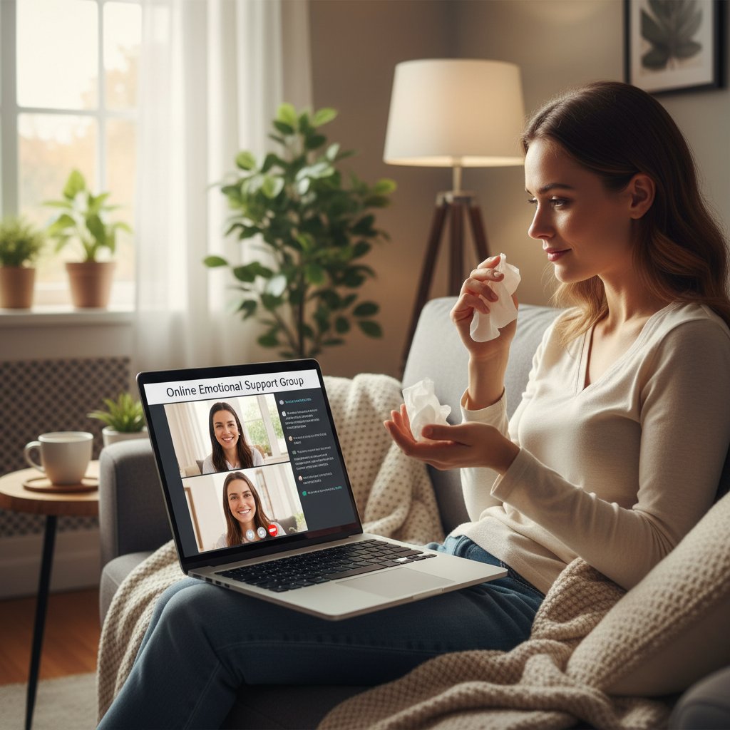 Młoda kobieta rozmawiająca na czacie online, ekran laptopa wyświetla okno czatu wsparcia emocjonalnego