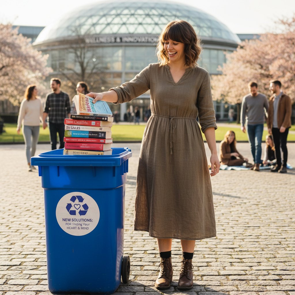 Woman discarding dating guides, symbolizing liberation from outdated advice and embracing new solutions