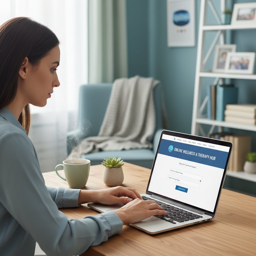 Kobieta zapisuje się na konsultację terapeutyczną online przez laptop
