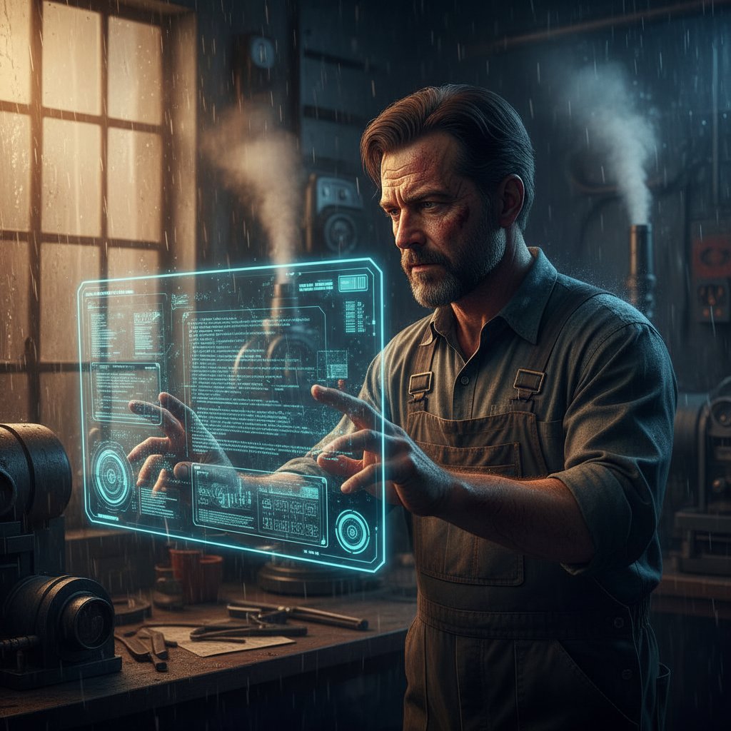 Worker interacting with AI interface, narrative, moody lighting, 16:9, AI-powered virtual help desk adoption