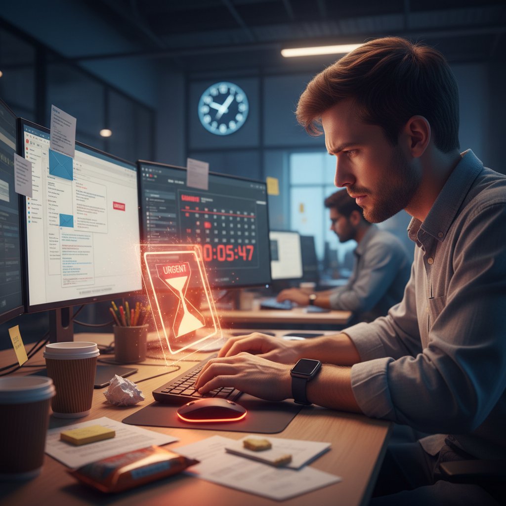 Worker reaching for email tools with time pressure looming, showcasing email productivity tool trial stress