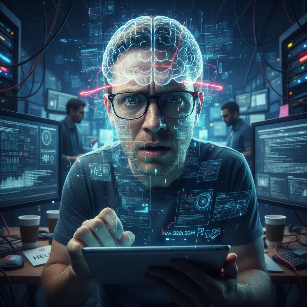 Zbliżenie na twarz pracownika patrzącego na ekran z AI, wyraz niepewności, słowa kluczowe: psychologia automatyzacji, lęk przed AI