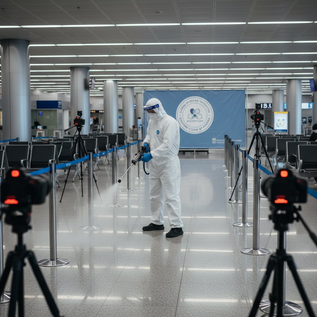Worker spraying disinfectant in front of cameras, highlighting performative cleaning standards in 2025