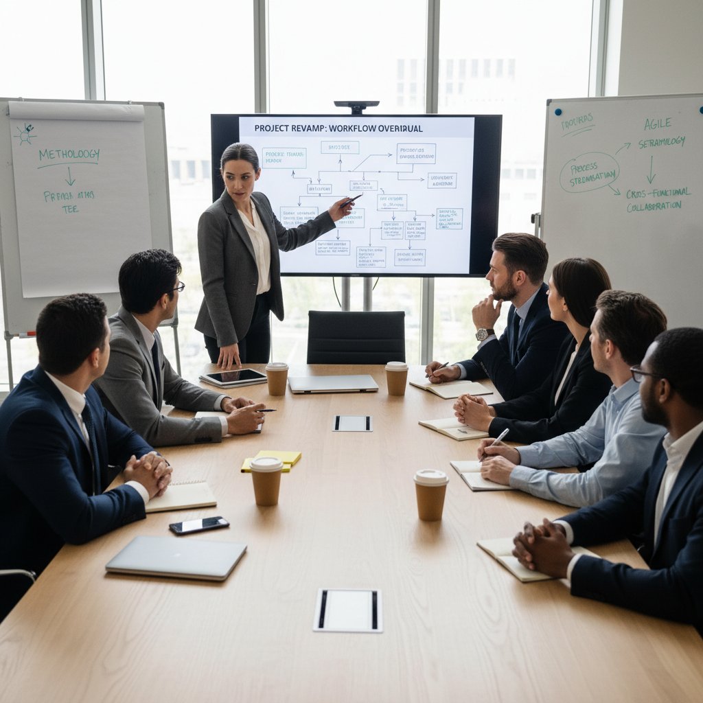 Workflow coordinator consulting leadership on workflow overhaul, digital workflow management, team discussion
