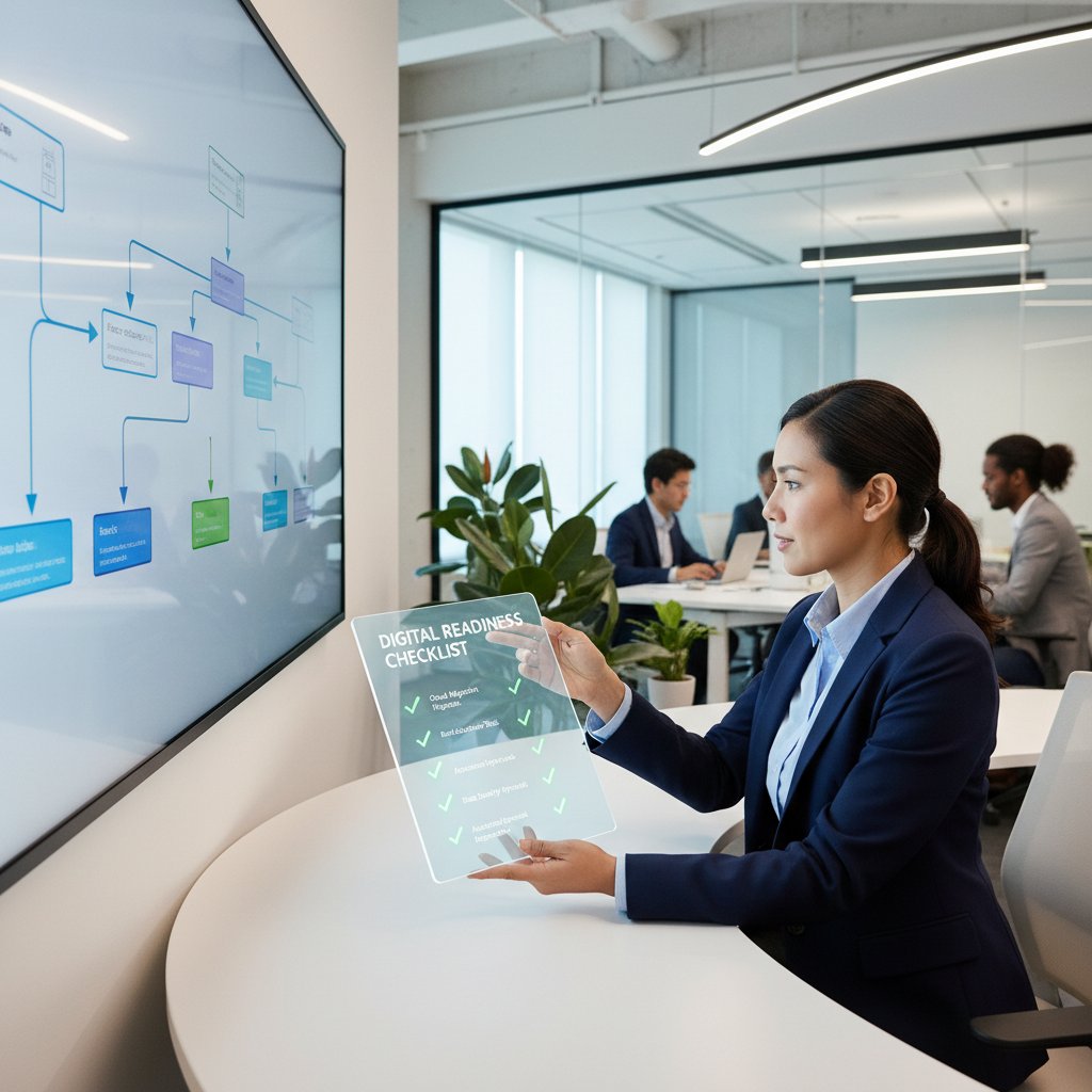 Workflow coordinator ticking items on digital readiness checklist, modern office, digital workflow management