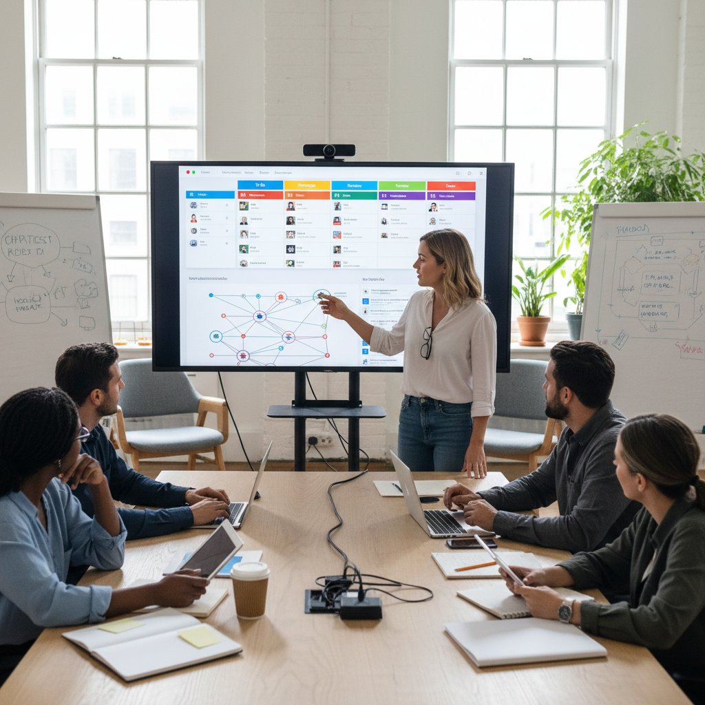 Workflow coordinator leading digital team briefing with project boards and screens, task orchestration tools, digital workflow management