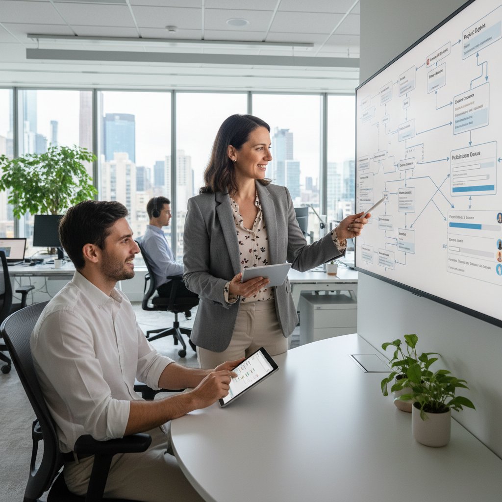 Workflow coordinator mentoring team member on digital workflow tools, modern office, digital workflow management