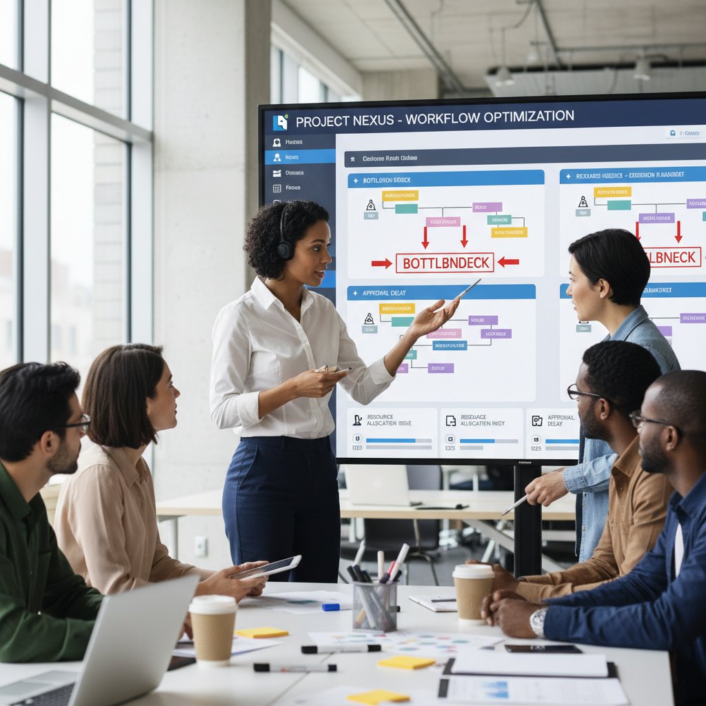 Workflow coordinator highlighting workflow bottlenecks on digital board, team discussion, digital workflow management